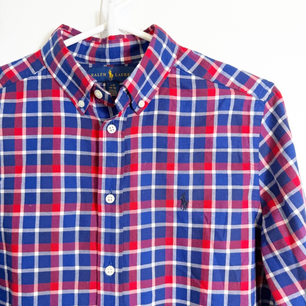 Ralph Lauren Button Down Shirt Boys Large 14-16 Blue Red Plaid Long Sleeve Pony